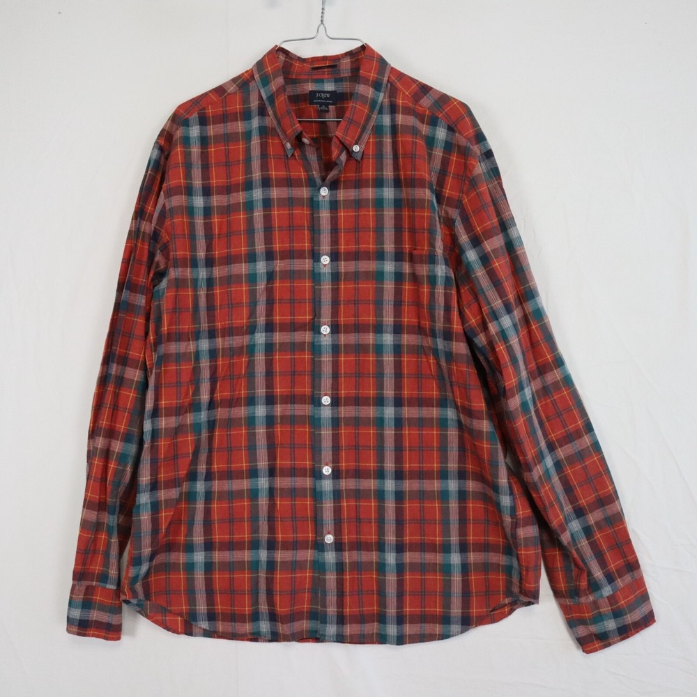 J Crew Shirt Mens XL Slim Heathered Cotton Casual Button Red Plaid Long Sleeve